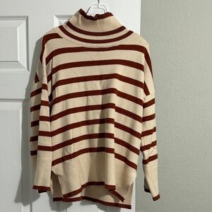 Tea n Rose Cream and Brown Striped Turtleneck Sweater